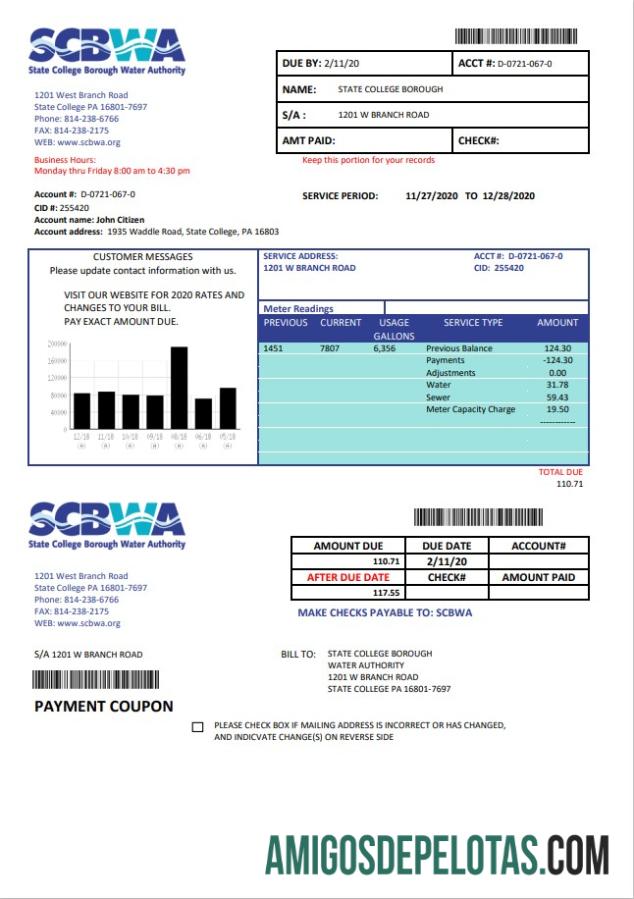 Para baixar modelo de conta de serviços públicos de água SCBWA da Pensilvânia nos EUA em formato Word e PDF